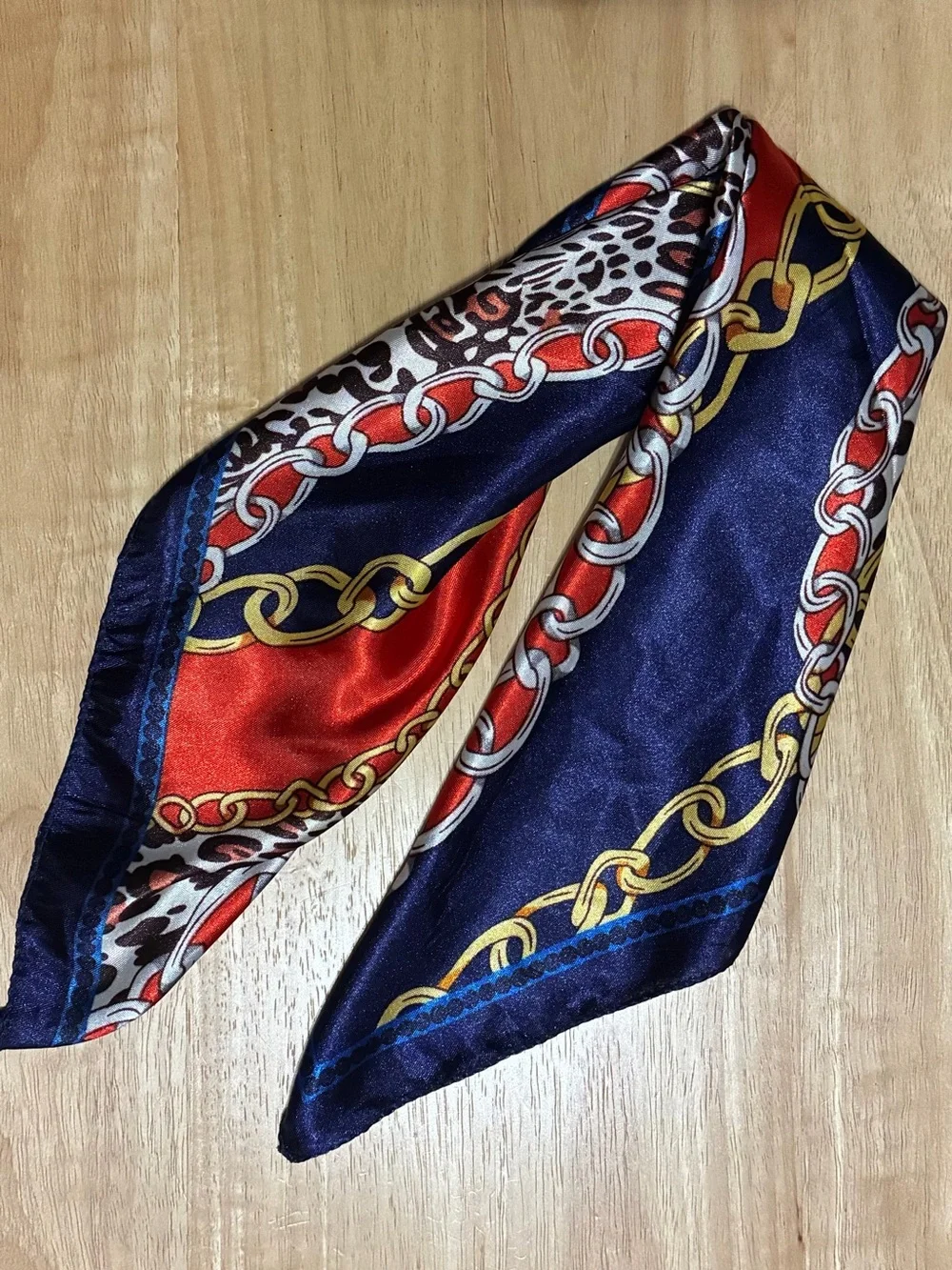 Vintage Chain & Leopard Print Scarf | Navy Blue & Red Silk-Feel